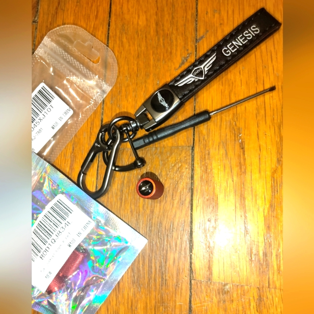 Genesis Black Keychain & Tire Valve Caps Car Accessories Set